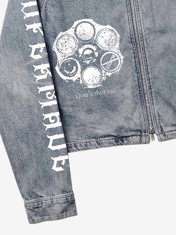 Anti-War Graphic Stand-Collar Denim Zip Jacket
