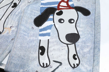 Denim Wide Leg Jeans with Dalmatian Print and Studs, Distressed Design for Streetwear Fashion 