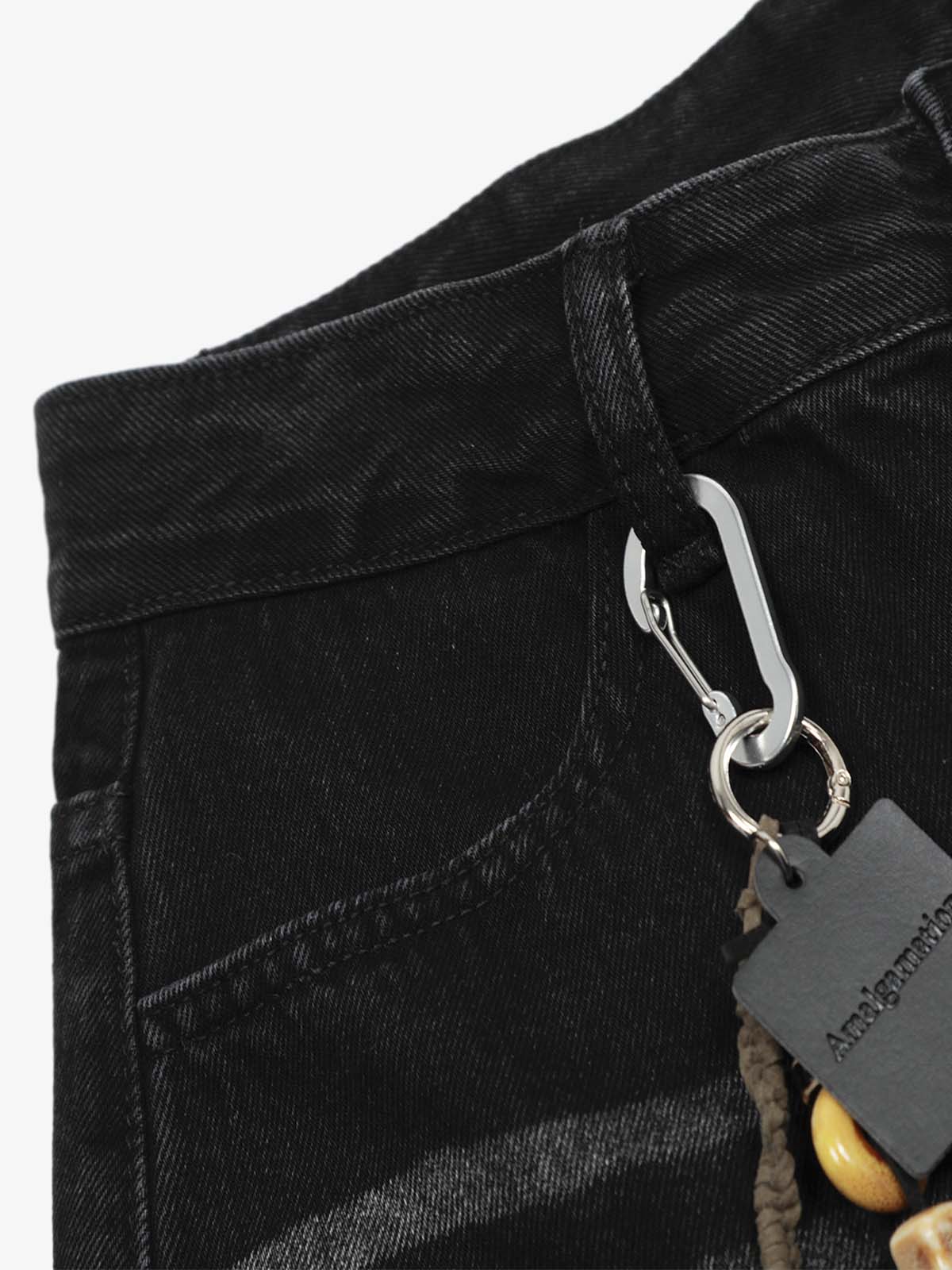 Distressed Black Denim Jeans with Embroidered Design and Cross Patch 