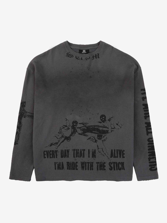 Supermade Waffle-Knit Distressed Gradient Print Long T-Shirt 