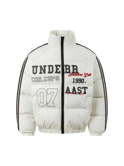 Jersey Stand Collar Embroidered Quilted Puffer Jacket 