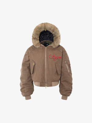 Winter Bomber Jacket with Faux Fur Hood Trim and Embroidered Logo 