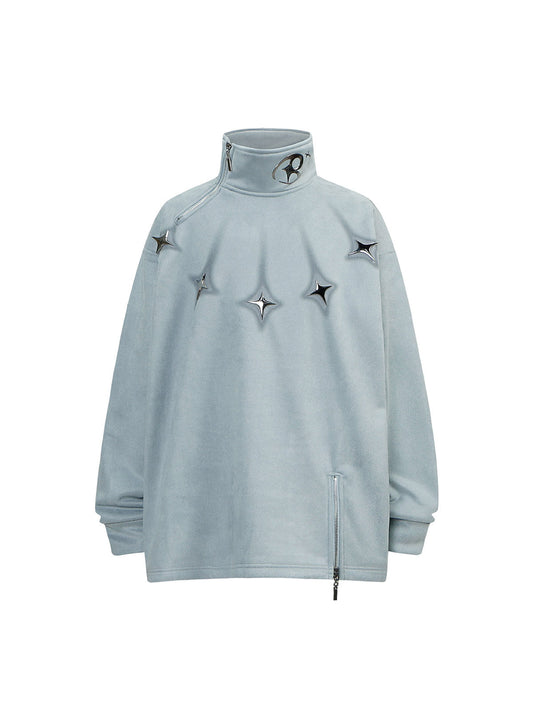 Thesupermade Metal Button Multi Zipper Suede Fleece Sweatshirt 