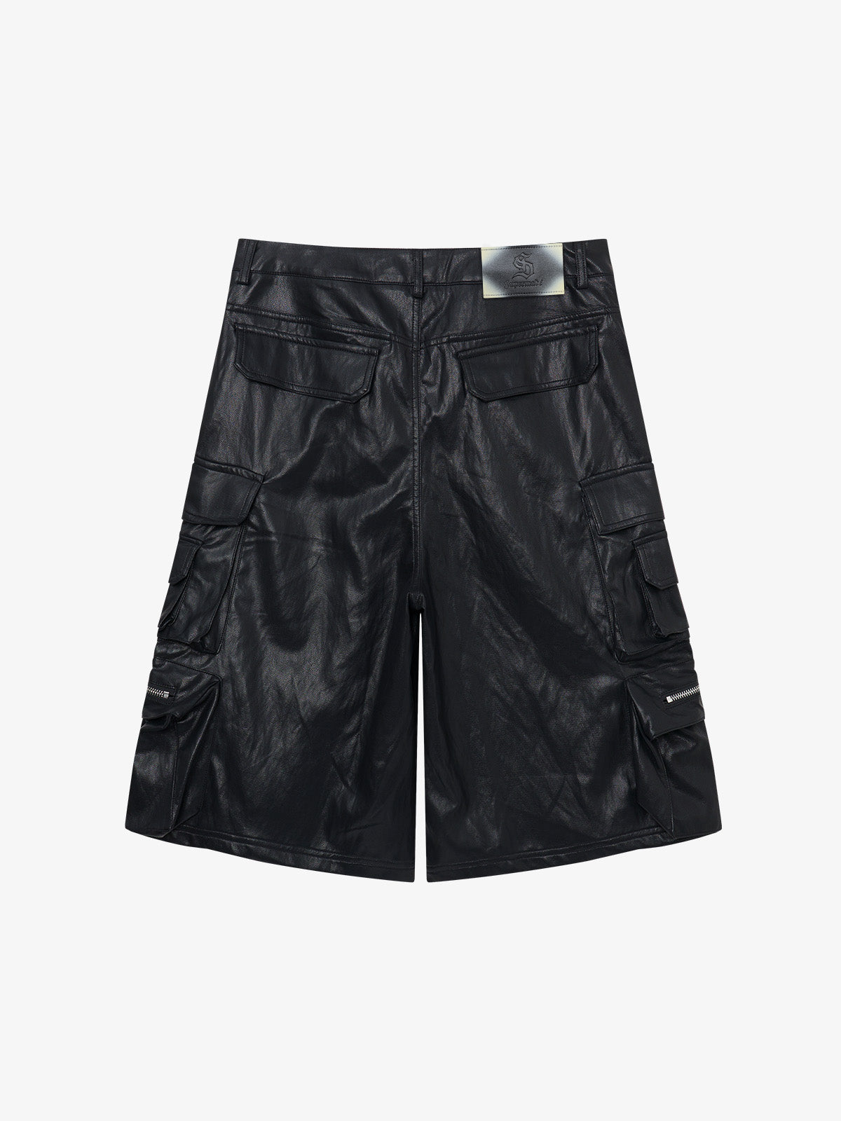 Faux Leather Cargo Shorts for Men - Black Oversized Utility Shorts with Multiple Pockets and Zipper Details 