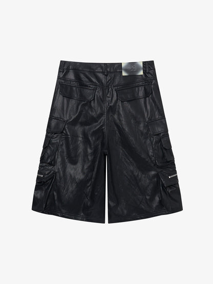 Faux Leather Cargo Shorts for Men - Black Oversized Utility Shorts with Multiple Pockets and Zipper Details 