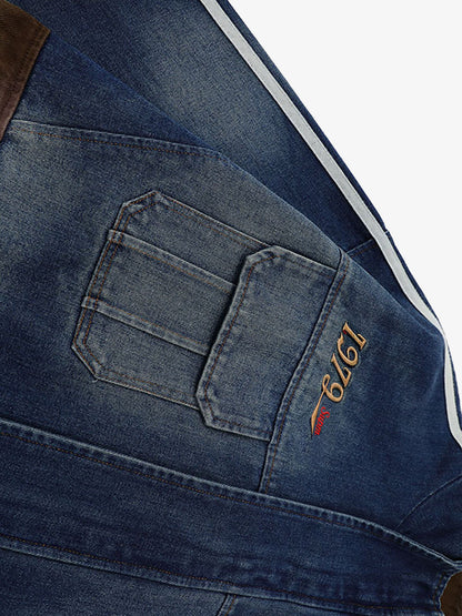 Stylish Denim Jacket with Embroidered Details and Striped Sleeves 