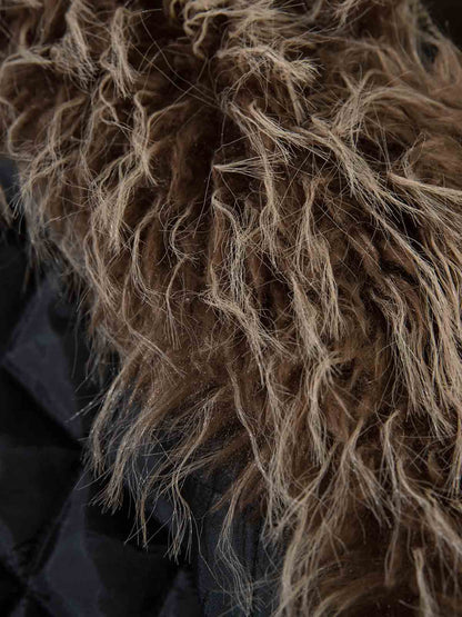 Vintage Faux Fur Hood Lined PU Zip Up Bomber Jacket 