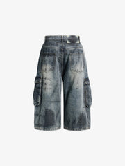 Grunge Wash Cargo Denim Shorts 
