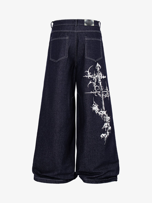Dunkle Jeans mit Grafik und mehreren Knöpfen