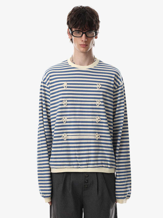 Striped Frog-Button Long Sleeve Tee
