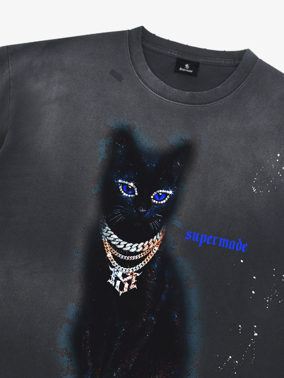 Cotton Black Cat Graphic T-Shirt with Chain Print and Splatter Design 