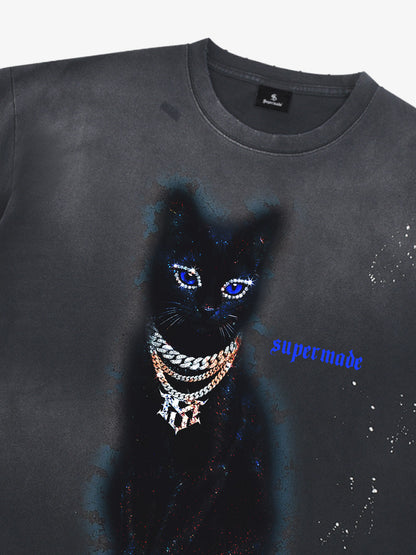 Cotton Black Cat Graphic T-Shirt with Chain Print and Splatter Design 
