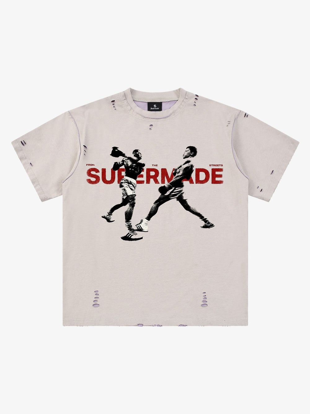Black Distressed Graphic T-Shirt with Boxing Print