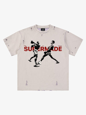 Black Distressed Graphic T-Shirt with Boxing Print – Relaxed Fit Streetwear Tee