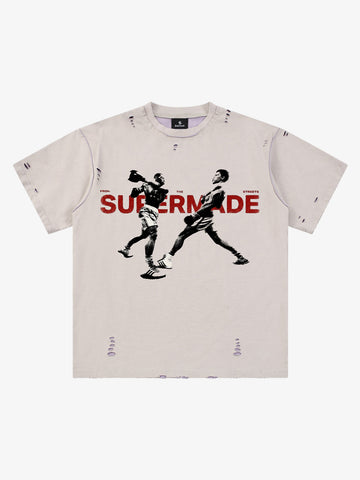 Black Distressed Graphic T-Shirt with Boxing Print – Relaxed Fit Streetwear Tee