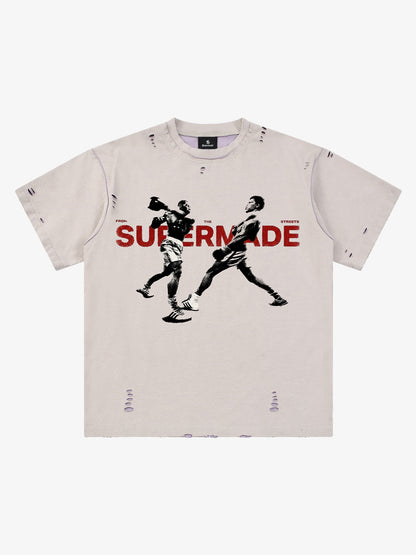 Black Distressed Graphic T-Shirt with Boxing Print – Relaxed Fit Streetwear Tee