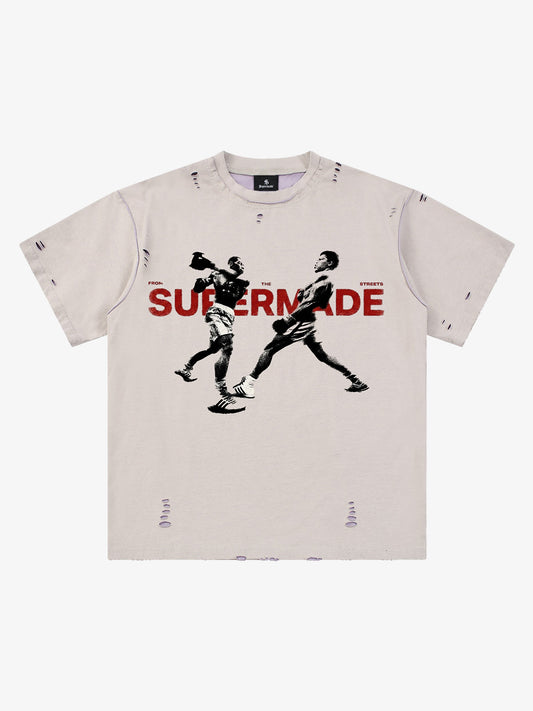 Black Distressed Graphic T-Shirt with Boxing Print – Relaxed Fit Streetwear Tee