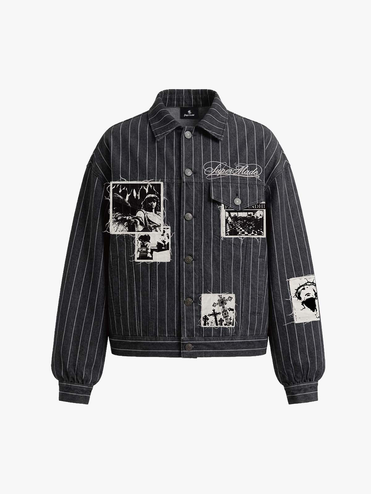 Vintage Pinstripe Patchwork Baggy Denim Set 