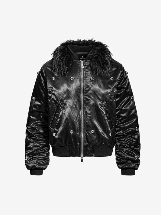 Faux Fur Collar Glossy Padded Bomber Jacket