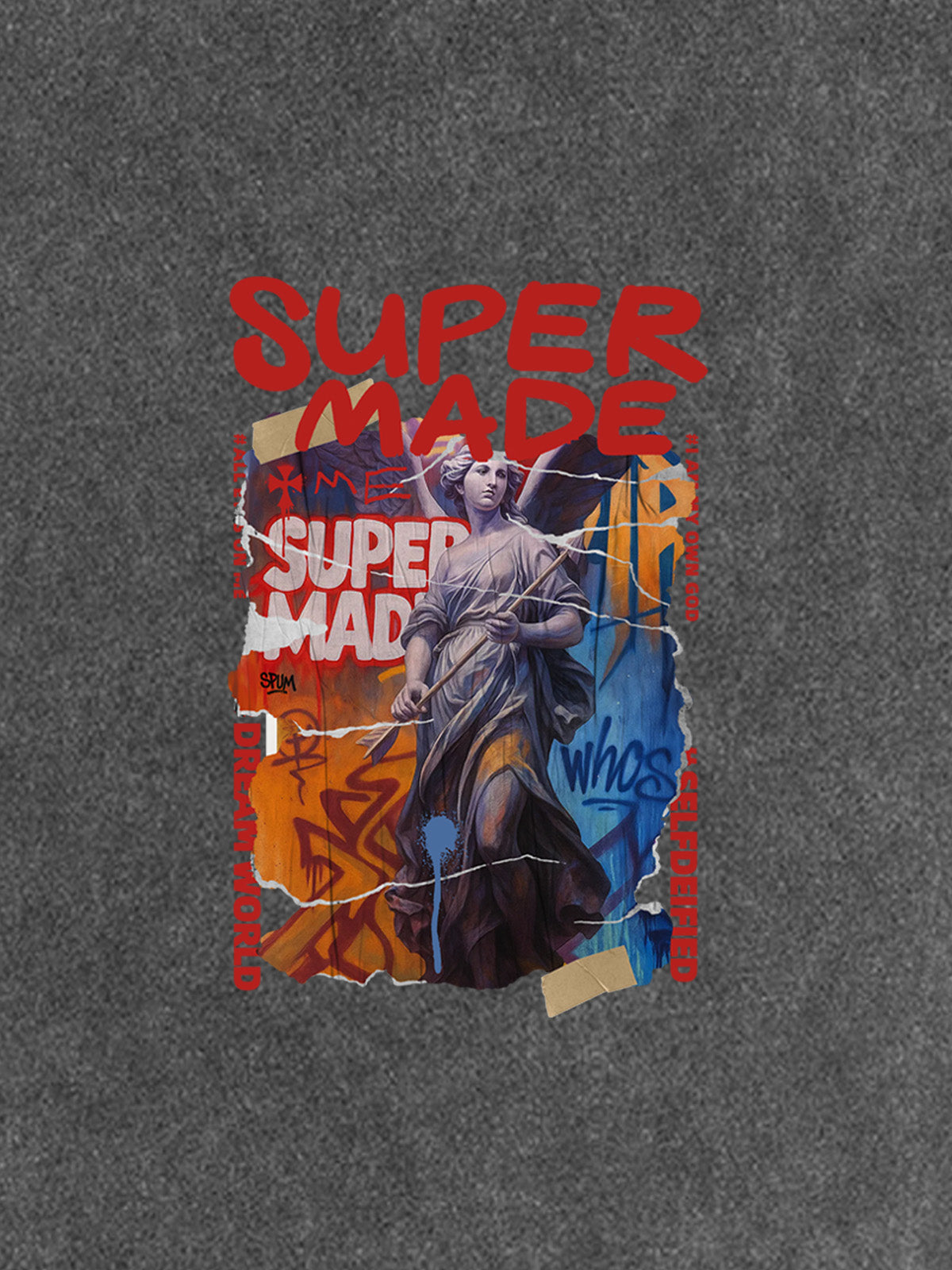 Cotton Blend SUPERMADE Sculpture Sraffiti Sticker Pattern T-Shirt 