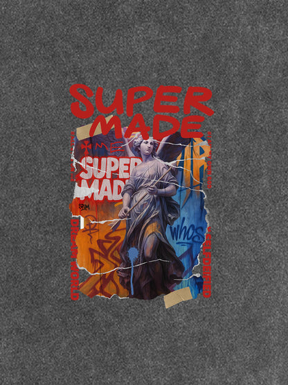 Cotton Blend SUPERMADE Sculpture Sraffiti Sticker Pattern T-Shirt 