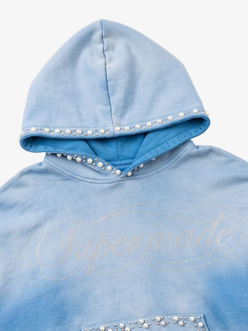 Gradient Washed Distressed Rhinestone And Pearl Hoodie