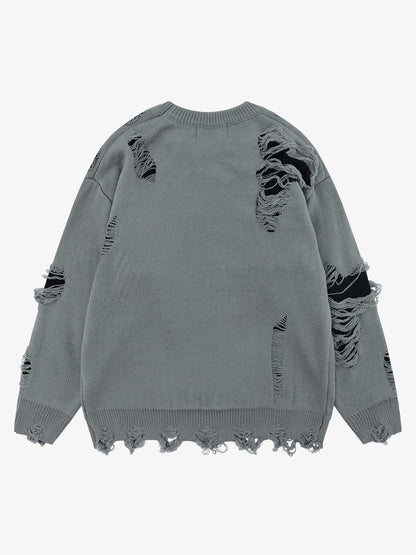 High Street Ripped Raw Edge Knitted Letter Jacquard Sweater 