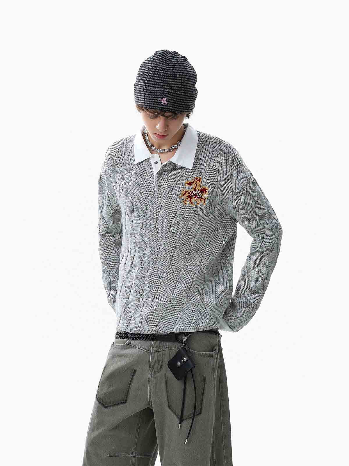 Retro Contrast Collar Embroidery Knit Sweater 