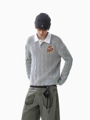 Retro Contrast Collar Embroidery Knit Sweater 