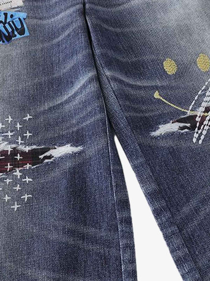 Denim Patchwork Wide Leg Jeans with Graphic Appliques and Distressed Details 