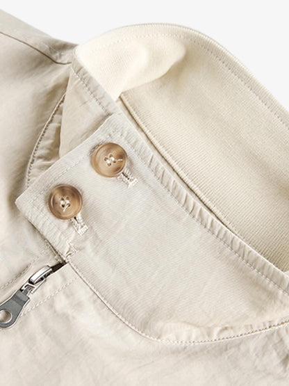 Utility Pleated Sleeve Fold-Over Collar Zip Up Jacket