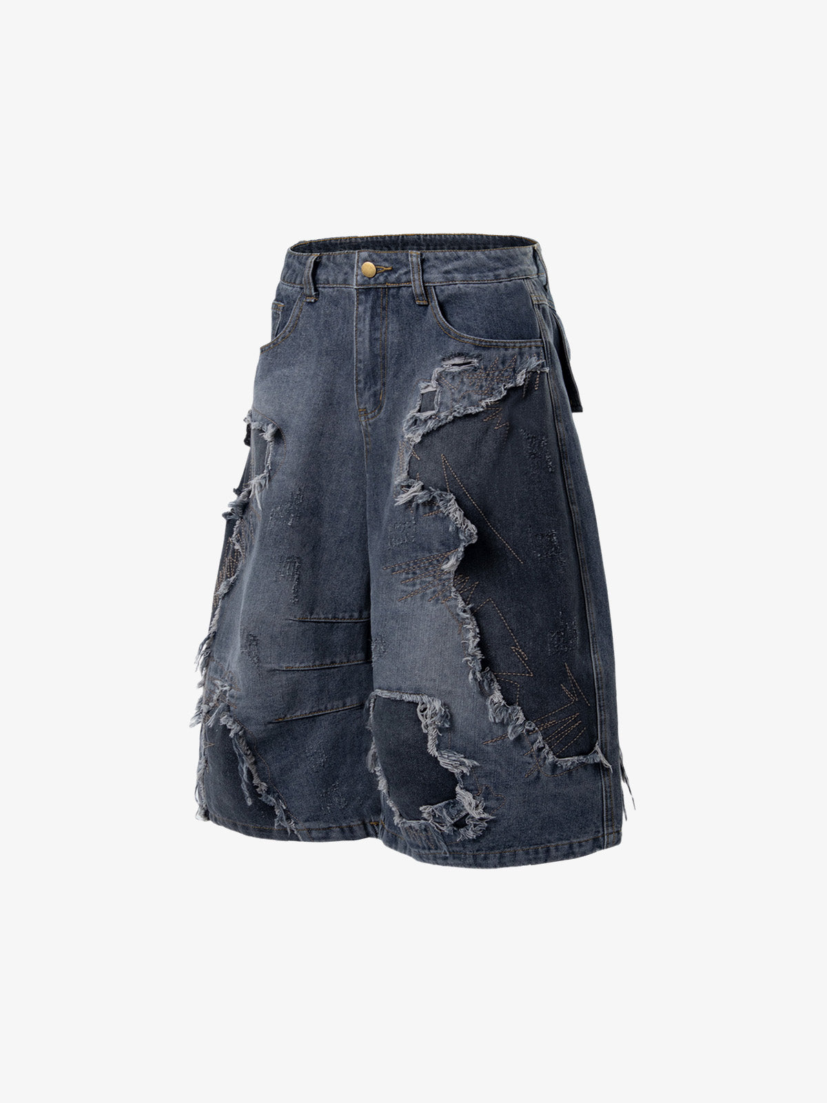 Bestickte Jeansshorts mit Used-Look und ausgefranstem Saum