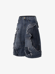 Bestickte Jeansshorts mit Used-Look und ausgefranstem Saum