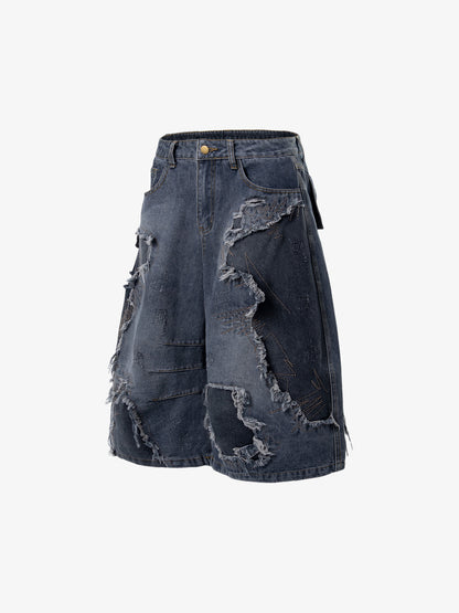 Embroidered Distressed Frayed-Hem Denim Shorts