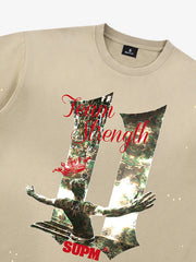 Unisex distressed loose-fitting cotton short-sleeved T-shirts featuring a print of the "11" team strength from the FIFA World Cup and a splatter-wash finish. 