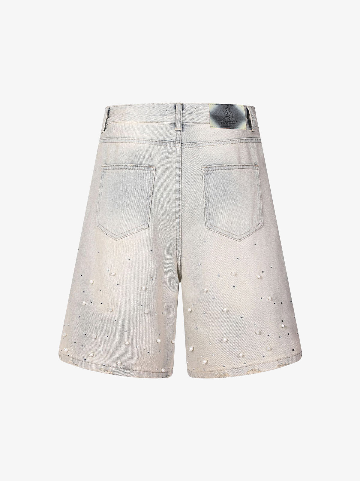 Pearl Embellished Light Wash Denim Shorts 
