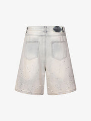 Pearl Embellished Light Wash Denim Shorts 