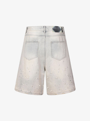 Pearl Embellished Light Wash Denim Shorts