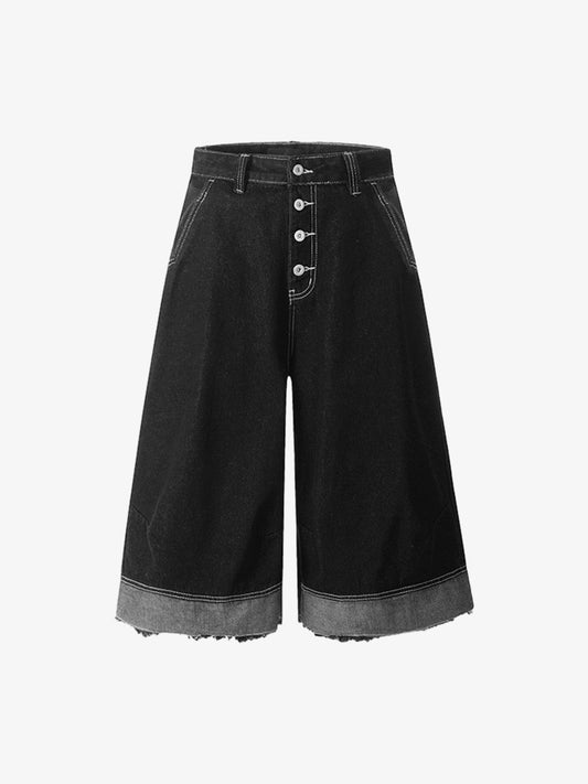 Retro Black Multi-pocket Exposed Raw Edge Cropped Jeans 