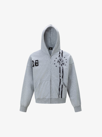 Distressed Badge Graphic Zip-Up Hoodie