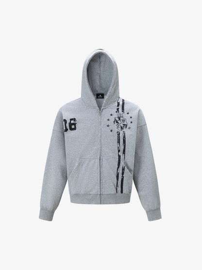 Distressed Badge Graphic Zip-Up Hoodie