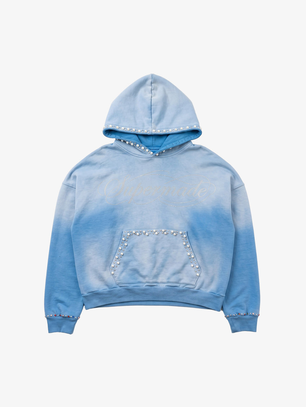 Gradient Washed Distressed Rhinestone And Pearl Hoodie