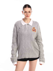 Retro Contrast Collar Embroidery Knit Sweater 