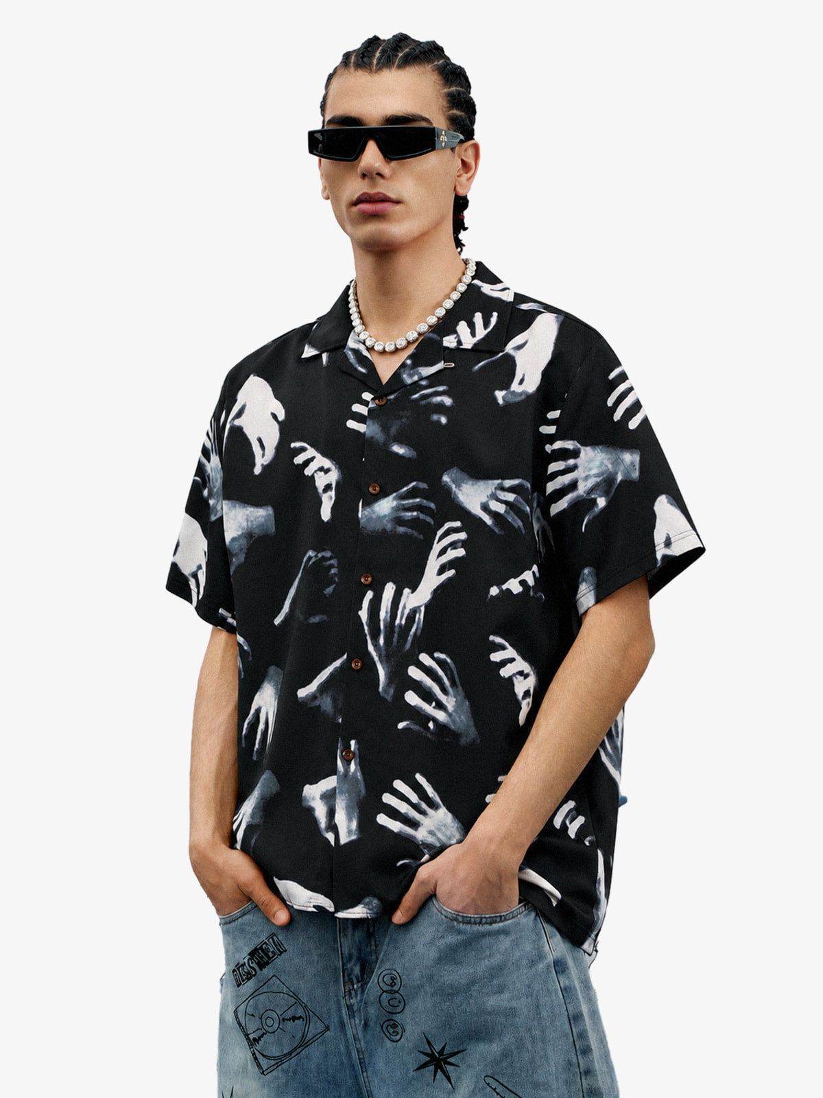 Gothic Ghost Hands Camp Collar Boxy Shirt 