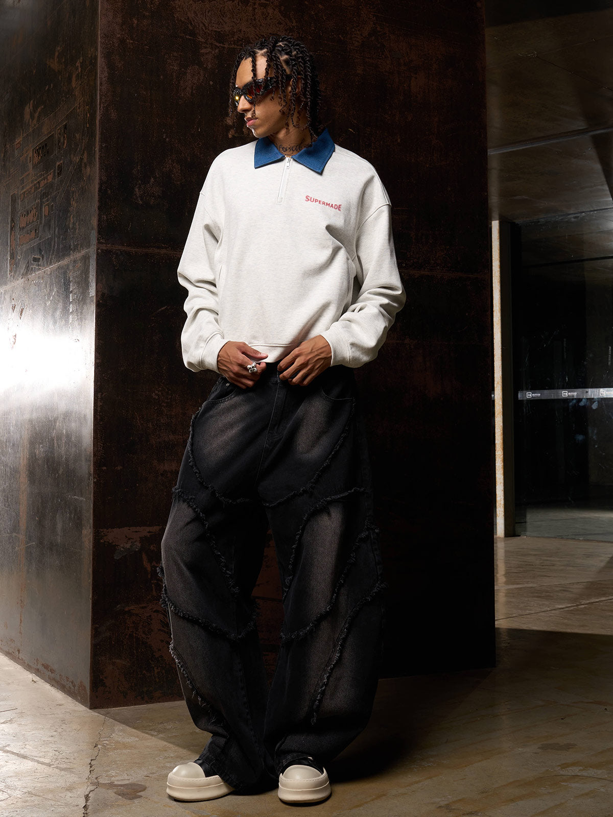 Original Denim Lapel Patchwork Sweatshirt 