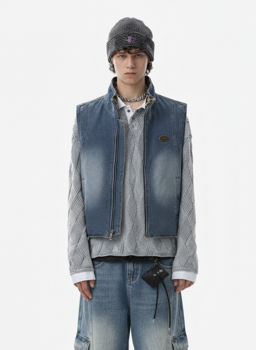 Retro Leopard Faux Fur Reversible Distressed Denim Vest 