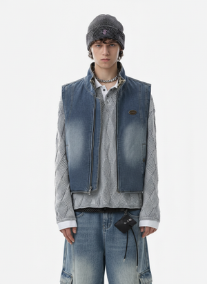 Retro Leopard Faux Fur Reversible Distressed Denim Vest 