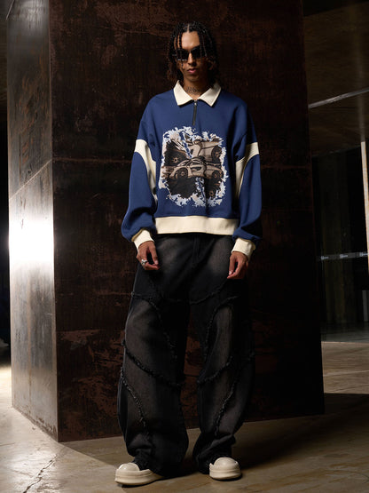 Original Racing Style Print Lapel Sweatshirt 