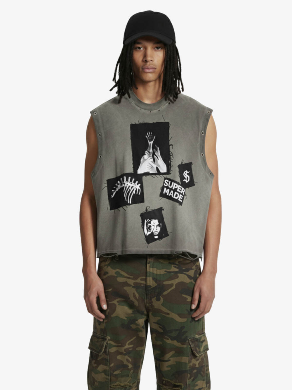 Ripped Graphic Patch Sleeveless Vest - 2632 