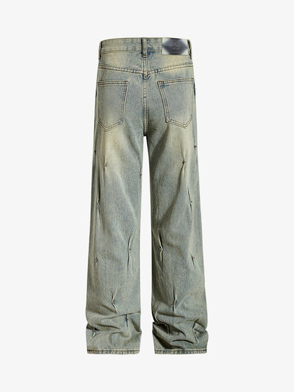 Denim Wide Leg Pants with Distressed Wash and Metal Studs 